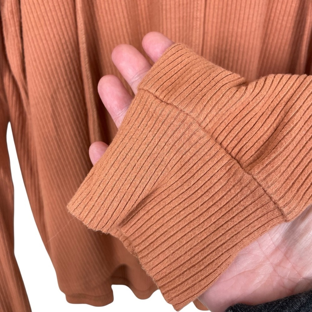 Cbrand Terracotta Orange Long Sleeved Ribbed Relaxed V-Neck Drawstring Top Sz M - Picture 7 of 13